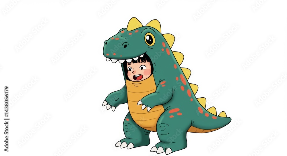 Fototapeta premium Cartoon illustration of a child wearing a green dinosaur costume with yellow spikes and red spots