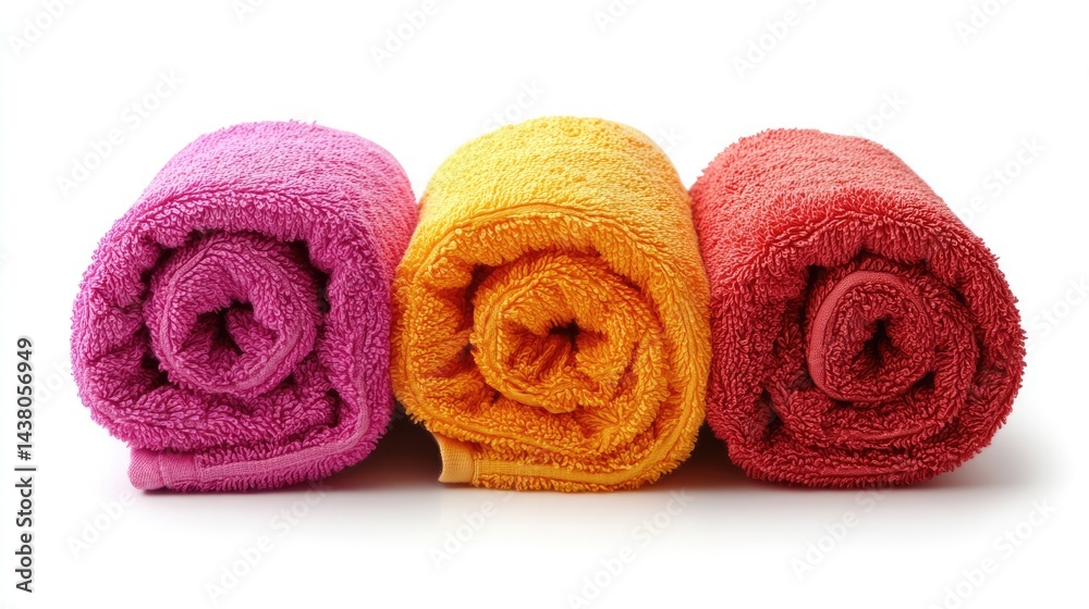 Three colorful rolled bath towels (pink, yellow, red) in a row, on white background. Use for bath, spa, or home comfort sites/blogs. Three colorful rolled bath towels (pink, yellow, red) in a row, on white background. Use for bath, spa, or home comfort sites/blogs.