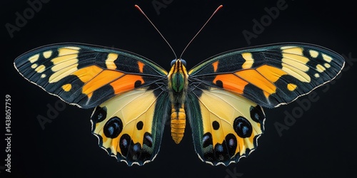 Orange, yellow, black patterned butterfly, wings spread, on black background. Use for nature, insect, or tropical beauty sites/blogs. photo