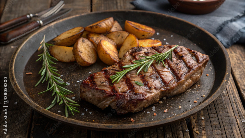 Top view of juicy grilled steak with rosemary and potatoes on a dark rustic plate. Top view of juicy grilled steak with rosemary and potatoes on a dark rustic plate.