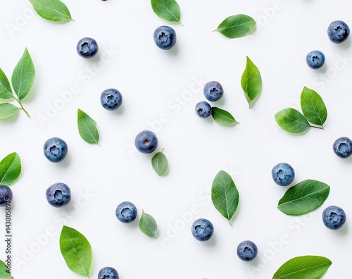 Fresh blueberries and leaves arranged on a white background.  A pattern of small, round, dark-blue berries and vibrant green leaves are artfully scattered across a pristine white surface photo