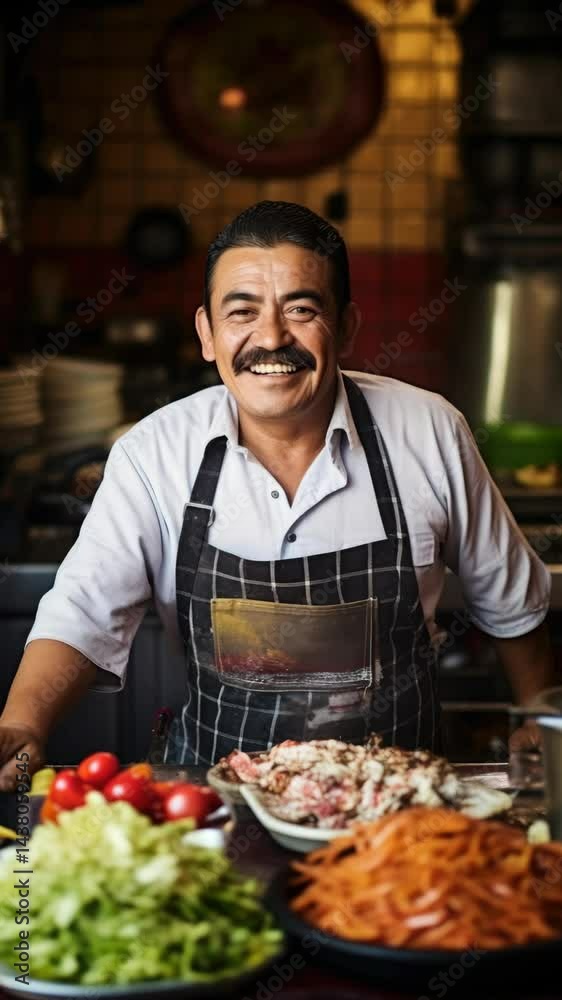 A man with a mustache is smiling and standing in front of a table full of food. The table is covered with a variety of vegetables, including carrots, tomatoes, and lettuce. The man is a chef or a cook A man with a mustache is smiling and standing in front of a table full of food. The table is covered with a variety of vegetables, including carrots, tomatoes, and lettuce. The man is a chef or a cook