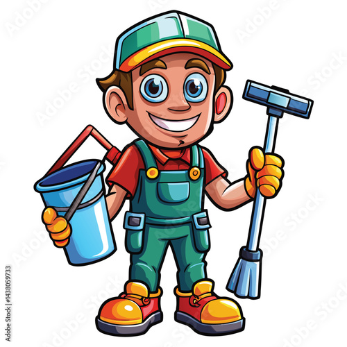Cartoon cleaner with bucket and mop