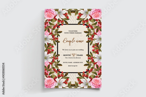 WEDDING INVITATION FRAME WITH FLOWER DECORATIONS AND FRESH LEAVES