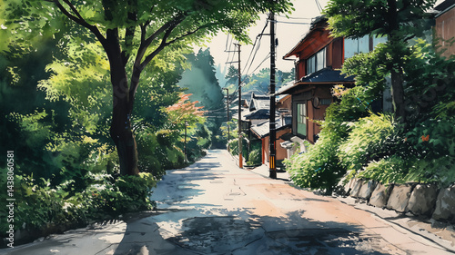 日本の古民家が並ぶ川沿いの路地と紅葉が彩る情緒ある町並み｜秋の観光や旅のイメージに最適な水彩イラスト