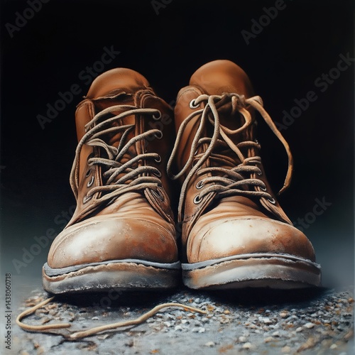 A pair of worn brown leather boots with untied laces resting on a textured ground, highlighted against a dark background.