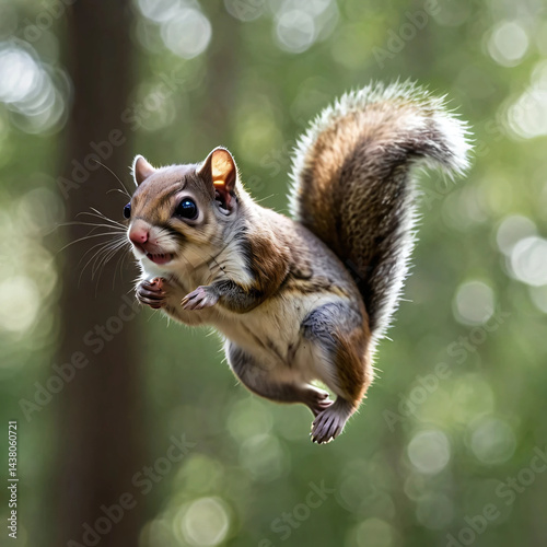 a squirrel is jumping in a forest background, ai generated