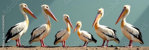 Pelican bird family standing together in a row, waterfowl, wings