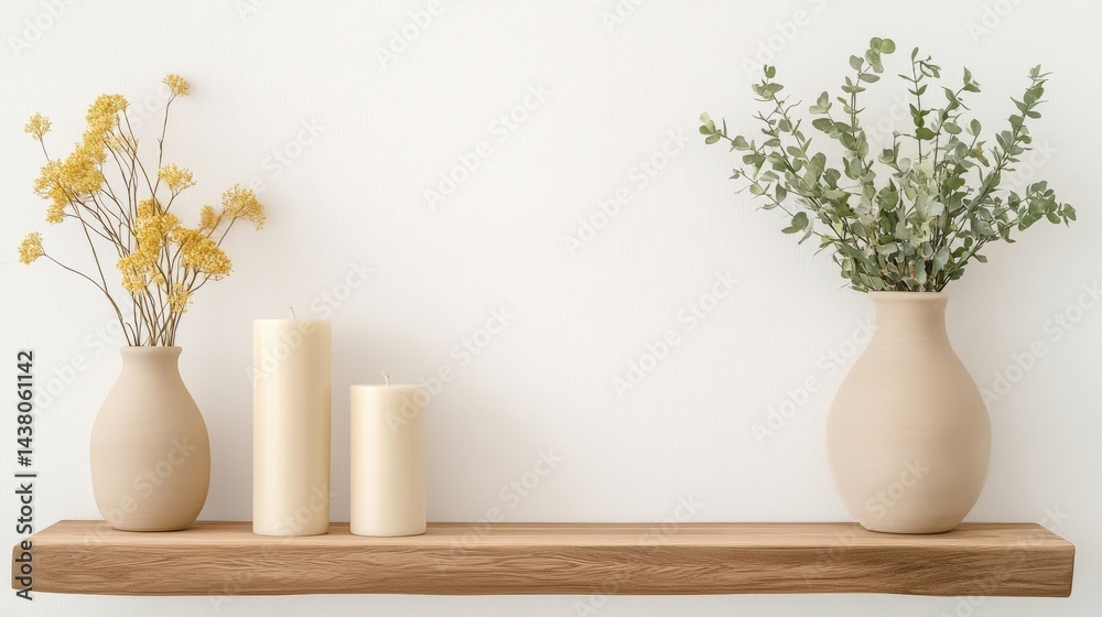 Minimalist wooden shelf with beige vases, yellow flowers, greenery, and pillar candles against a white wall. Minimalist wooden shelf with beige vases, yellow flowers, greenery, and pillar candles against a white wall.