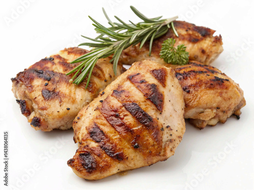 Arranged on a white background are four boneless, skinless chicken thighs that have been grilled, showing golden-brown surfaces and fresh rosemary