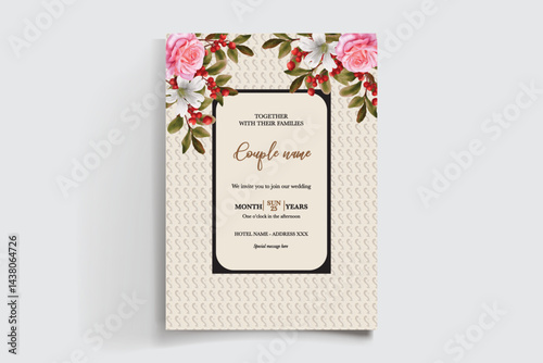 WEDDING INVITATION FRAME WITH FLOWER DECORATIONS AND FRESH LEAVES