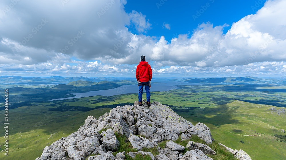 Obraz premium Person in Red Jacket on Mountain Peak Overlooking Green Valley and Lake