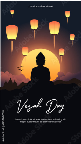 Happy Buddha Purnima, Happy Vesak Day, wishes greetings with a buddha in night view minimalist flat vertical vector illustration.