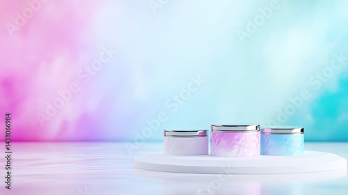 Three cylindrical containers on a white platform, set against a soft, pastel background of pink and blue