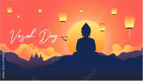 Happy Buddha Purnima, Happy Vesak Day, wishes greetings with a buddha in sunset view minimalist flat horizontal vector illustration.