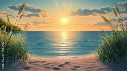 Serene Sunset Beachscape: Golden Hour at the Seashore