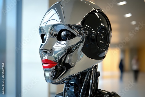 Silver robot with red lips blending humanlike features and robotics