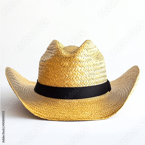 A stylish straw cowboy hat with a black band, perfect for outdoor activities and summer fashion.
