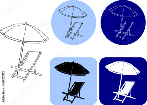 Umbrella and sun lounger line and glyph logo icon. Vector graphic line ink summer and vacation, parasol and sunbed vector icon. for package, vacation design, fabric and textile.