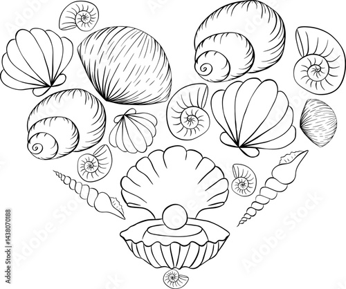 Heart is made of shells, starfishes composition for logo. Vector graphic line ink illustration. Banner, poster, wrapping paper, sticker, print, modern textile design.