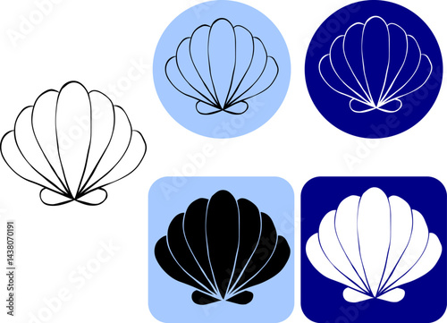 Sea shell logo. Vector graphic line ink illustration isolated on colored background. Banner, poster, wrapping paper, sticker, print, modern textile design.