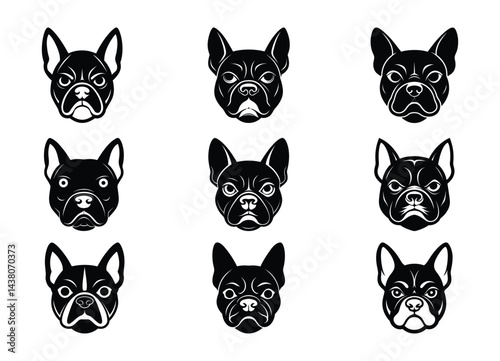 French Bulldog Dog Heads Set Black And White Vector Collection