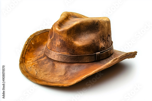 A vintage leather cowboy hat showcasing unique texture and character, perfect for western themes and adventures.
