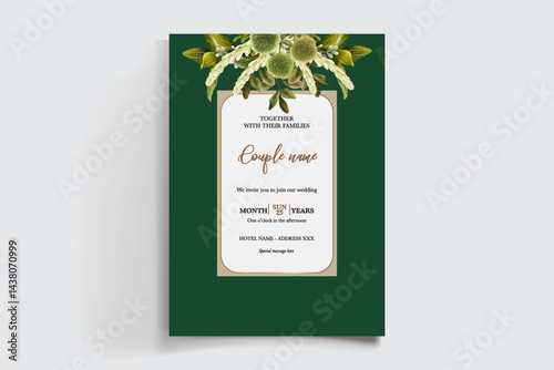 WEDDING INVITATION FRAME WITH FLOWER DECORATIONS AND FRESH LEAVES