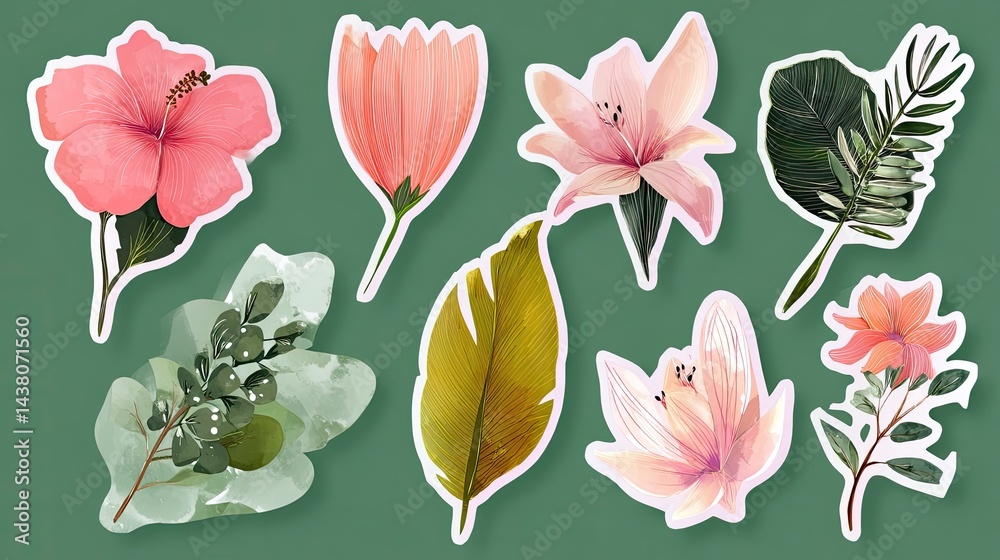 Obraz premium Set of stickers, tropical flowers and leaves, vector illustration, sticker set on white background