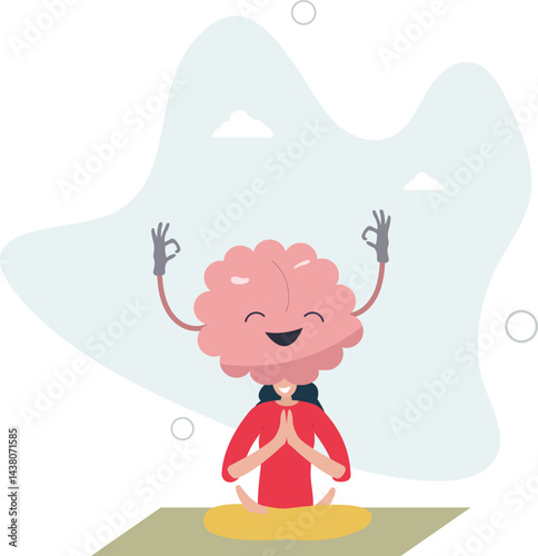 Calm brain meditation to relax balance or mental wellness .Organ character with cute and funny peace control and mind focus. character life .