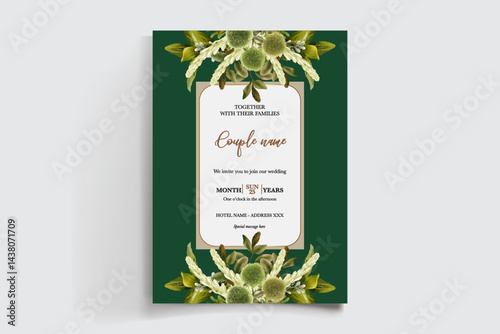WEDDING INVITATION FRAME WITH FLOWER DECORATIONS AND FRESH LEAVES