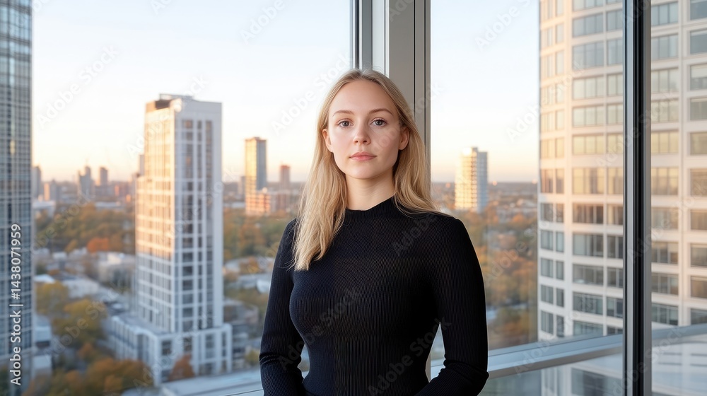 Fototapeta premium Young woman in city view