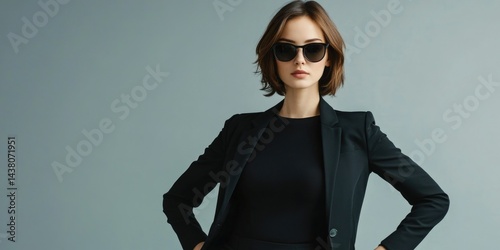 The image depicts a woman with short hair wearing sunglasses and a black blazer, standing against a neutral background. She exudes a professional yet fashionable appearance.