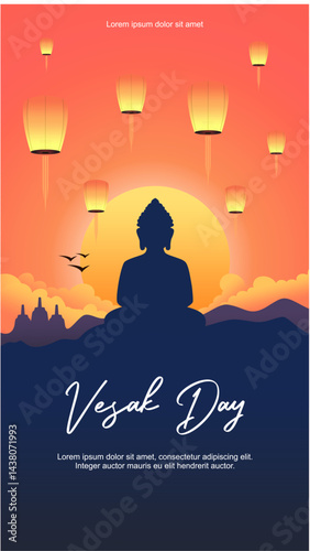 Happy Buddha Purnima, Happy Vesak Day, wishes greetings with a buddha in sunset view minimalist flat vertical vector illustration.