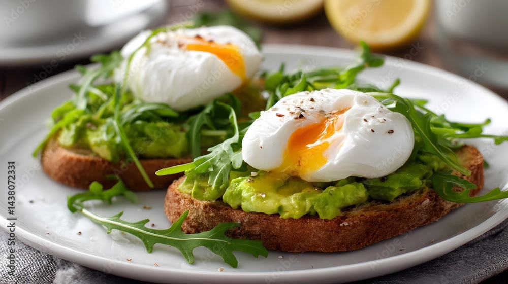 A delightful breakfast featuring avocado toast topped with poached eggs, garnished with fresh arugula, and a side of lemons. A delightful breakfast featuring avocado toast topped with poached eggs, garnished with fresh arugula, and a side of lemons.