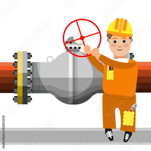 Work in overalls standing next to the pipeline and turns the valve. Cartoon character. Vector illustration