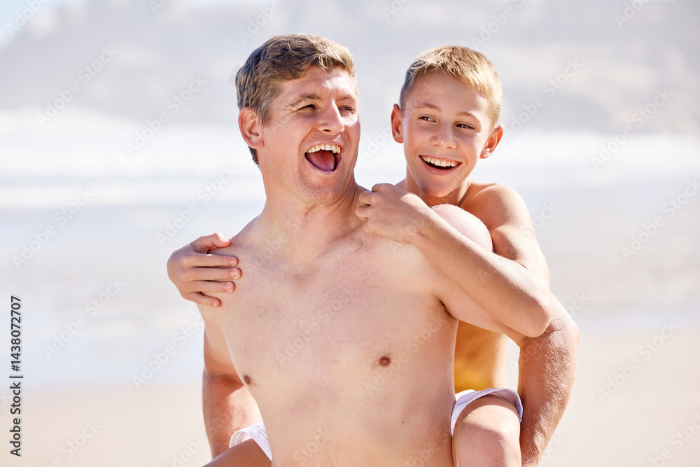 Beach, dad and child with piggyback, smile and fun holiday for bonding together on outdoor travel adventure. Play, happy man and boy on summer island vacation with tropical ocean, water and support Beach, dad and child with piggyback, smile and fun holiday for bonding together on outdoor travel adventure. Play, happy man and boy on summer island vacation with tropical ocean, water and support