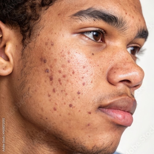 Young man’s face with acne scars, blemishes, and post-inflammatory hyperpigmentation, highlighting common skincare issues