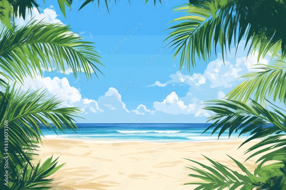 Obraz premium Tropical beach scene framed by palm leaves, sunny sky, ocean view; ideal for travel brochures
