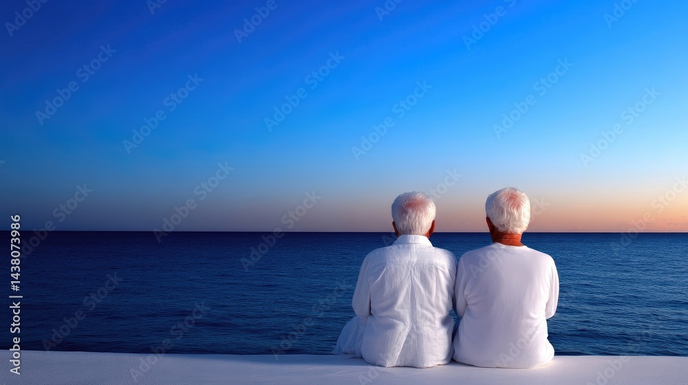 Fototapeta premium Elderly couple enjoying sunset by the sea