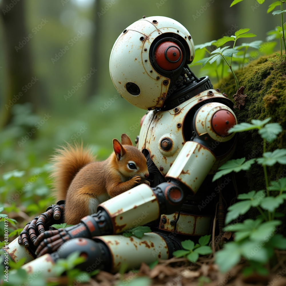 A charming scene depicting a rusty robot sitting in a forest with a squirrel enjoying nature