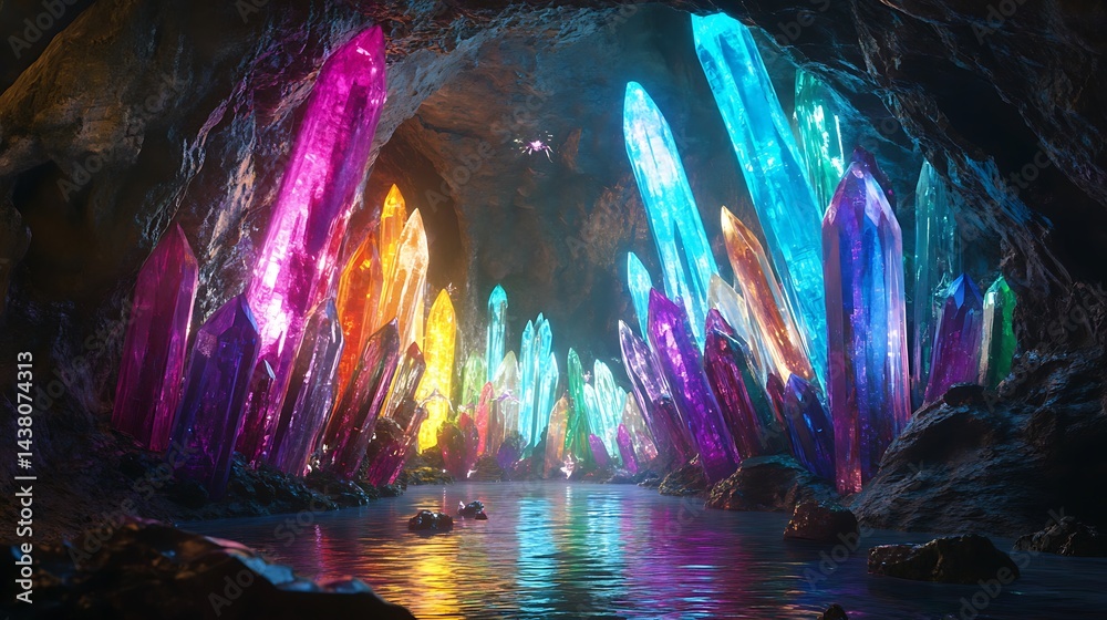Obraz premium Vibrant Rainbow Crystals Glimmering in a Magical Cave with a Tranquil Water Reflection