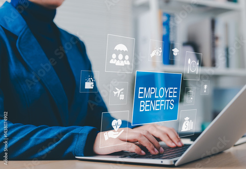 Employee Benefits and Compensation Strategy Concept. Businesswoman typing on laptop with icons showcasing employee benefits, including healthcare, vacation, perks, insurance, and financial incentives.