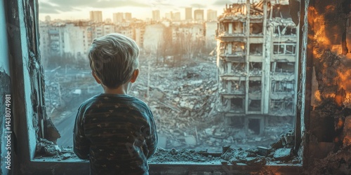 A poignant image of a young child standing on rubble, overlooking a shattered cityscape. The image evokes themes of resilience, contemplation, and the impact of conflict on innocent lives.