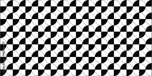 Graphical shapes of half circles and squares in black and beige. The classic Bauhaus style pattern design.