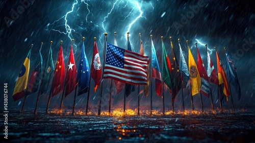 Usa and eu trade conflict with global flags in stormy dramatic setting highlighting tariff implications and international tensions