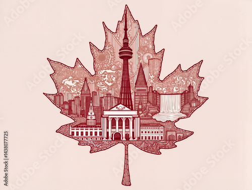Maple leaf silhouette filled with famous Canadian landmarks. Red and white intricate line art for Canada Day designs and patriotic projects
