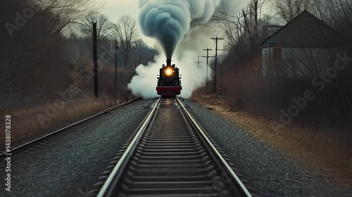 A vintage steam train approaches on a foggy railway, surrounded by barren trees and landscape.