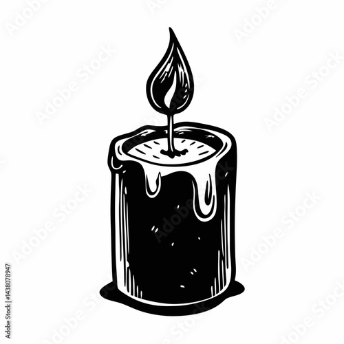 Illustrated Dripping Wax Candle with Flame in Vintage Black and White Style