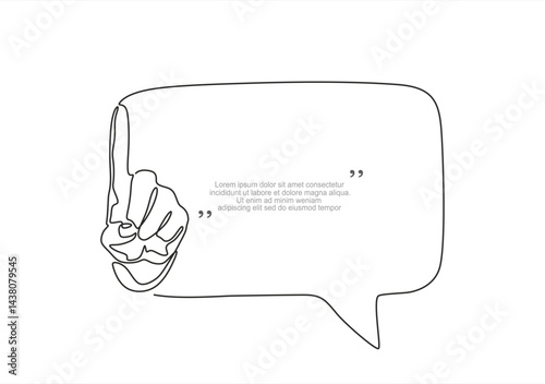 Continuous one line drawing of Hand showing something with index finger and speech bubble. Trendy line art vector on a white background. Vector illustration. Editable stroke